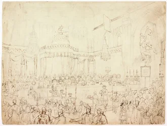 Studie för de allierade suveränernas bankett i Guildhall, London (bläck)